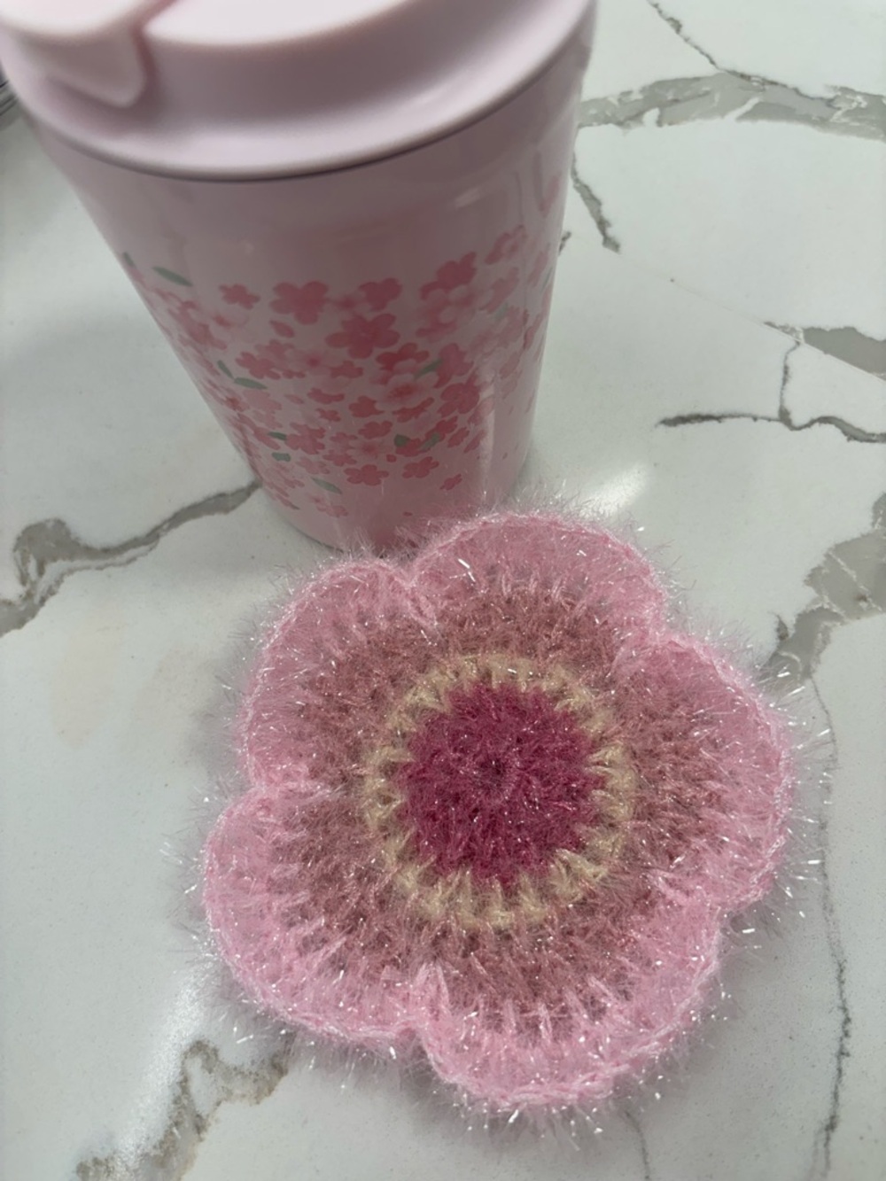 Pink Sparkle Flower Crochet Kitchen Scrubbie